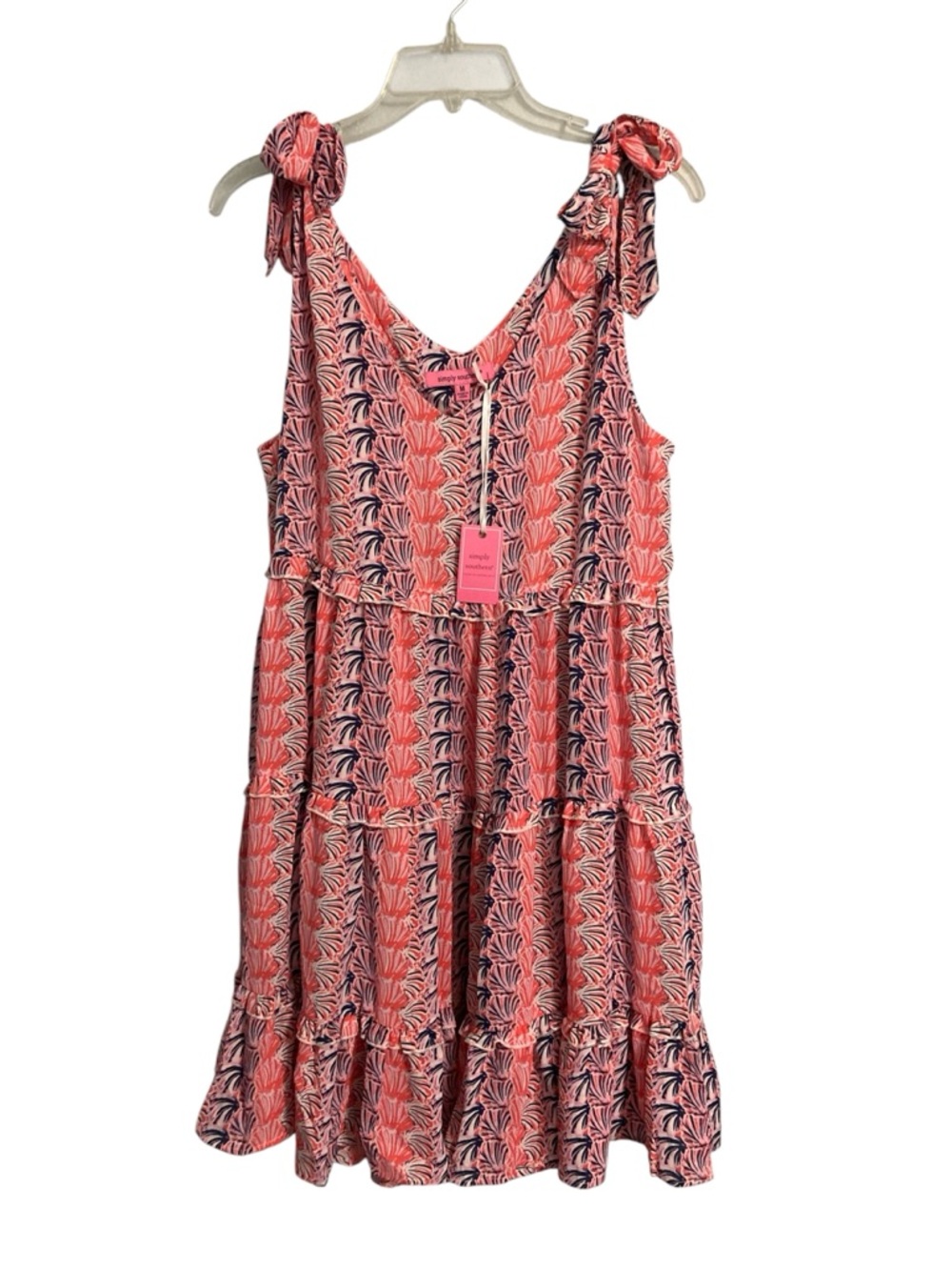 NWT Simply Southern Coral and Navy Shell-Print Tie-Shoulder Tiered Dress size L